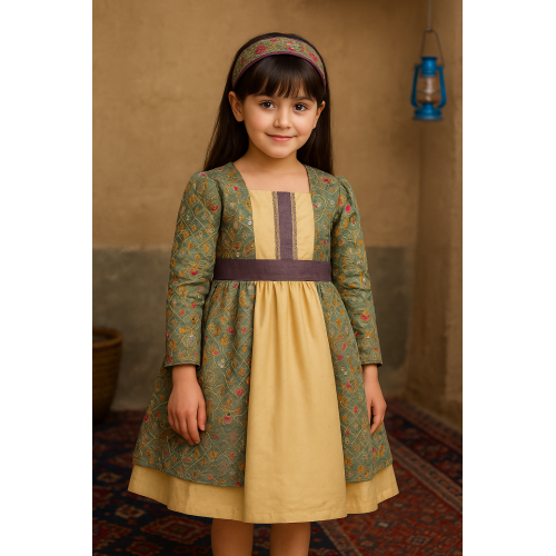 فستان شعبي لينن أخضر مطرّز بنقوش ذهبية وملونة  240468