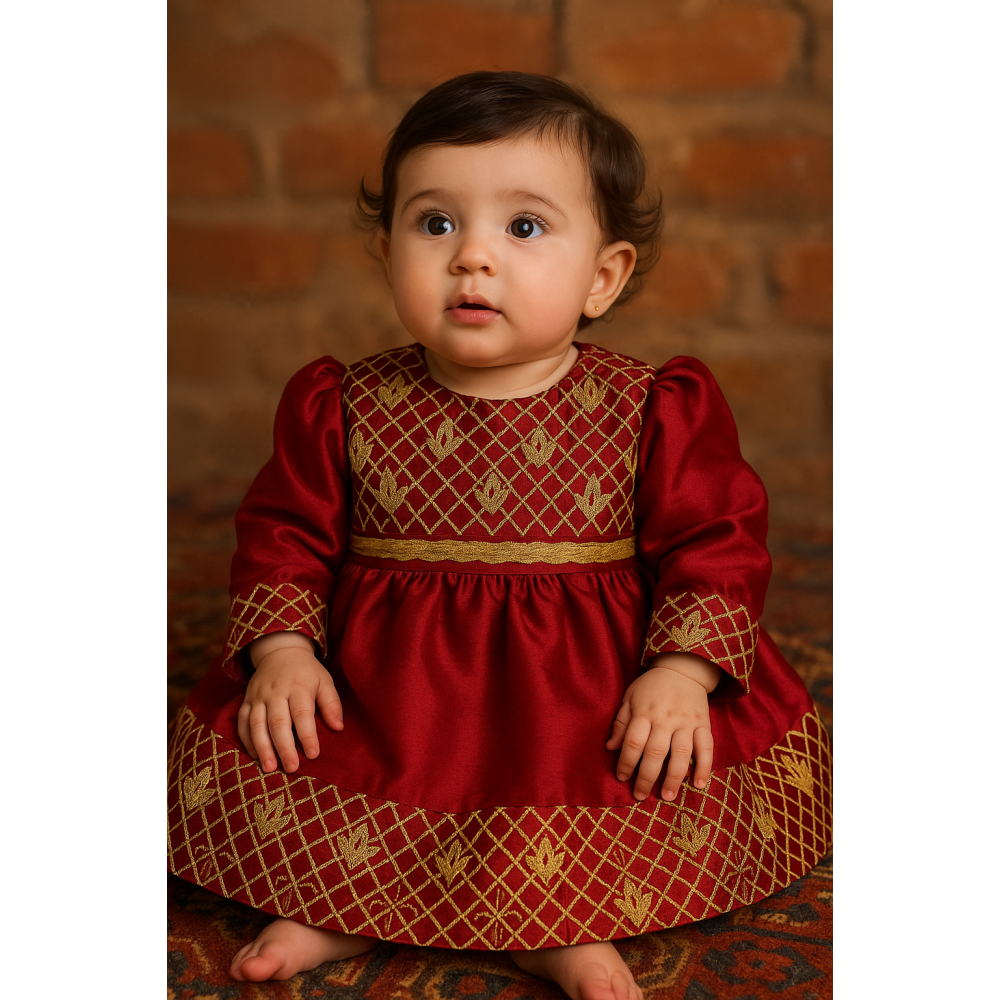 فستان شعبي أحمر مطرز ذهبي 240624