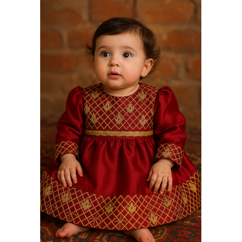 فستان شعبي أحمر مطرز ذهبي 240624