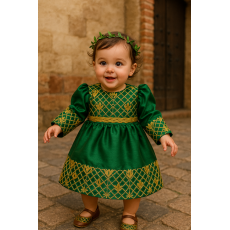 فستان شعبي أخضر مطرز ذهبي 240623