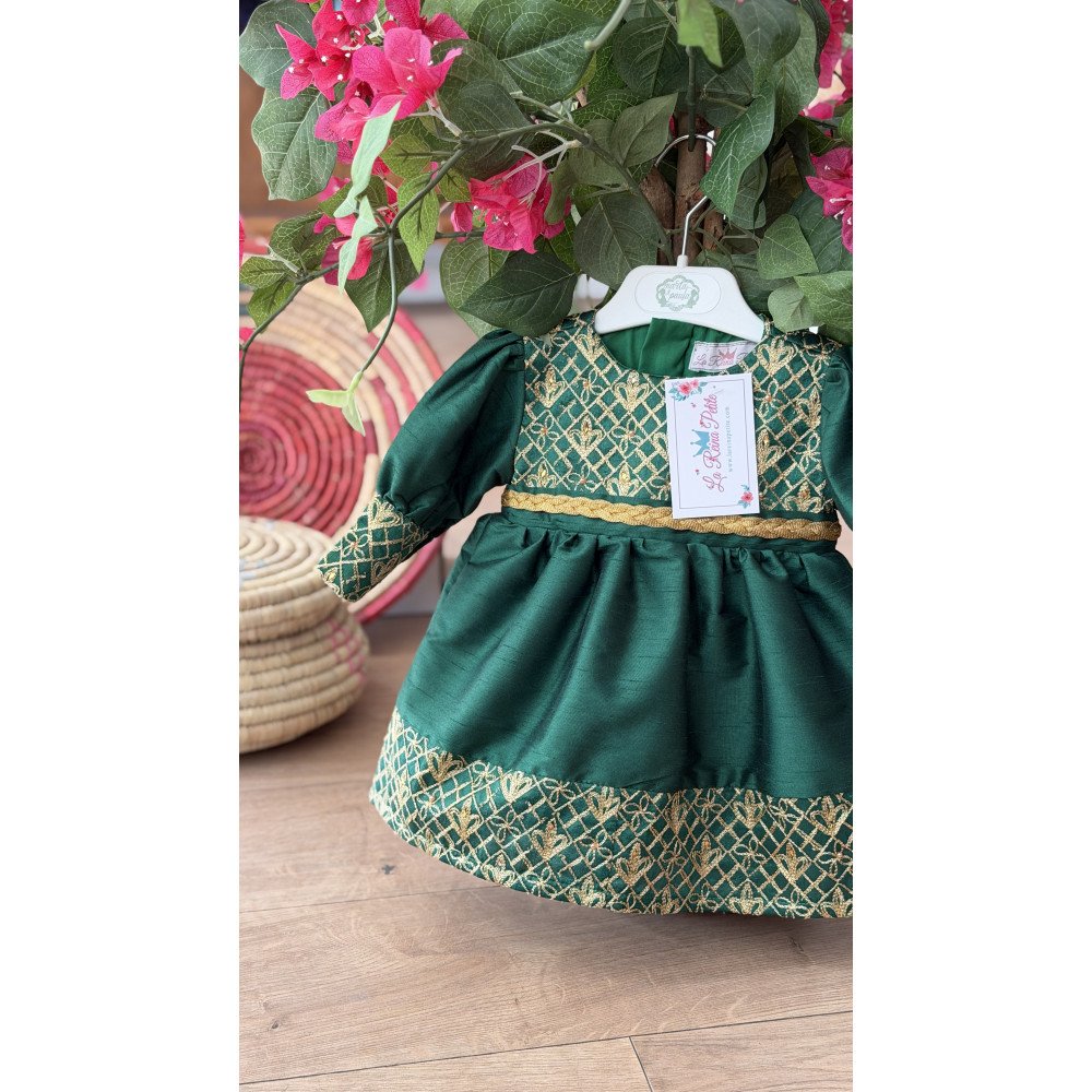 فستان شعبي أخضر مطرز ذهبي 240623