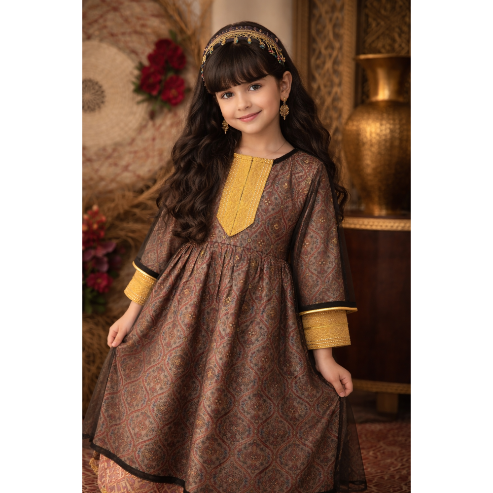  فستان شعبي لون بيج ذهبي  مع شيلة - زي تراث شرقي 240470