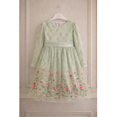 فستان بناتي مُطرّز فاخر بلون أخضر مع تطريز ذهبي وأخضر  أكمام طويلة 240456
