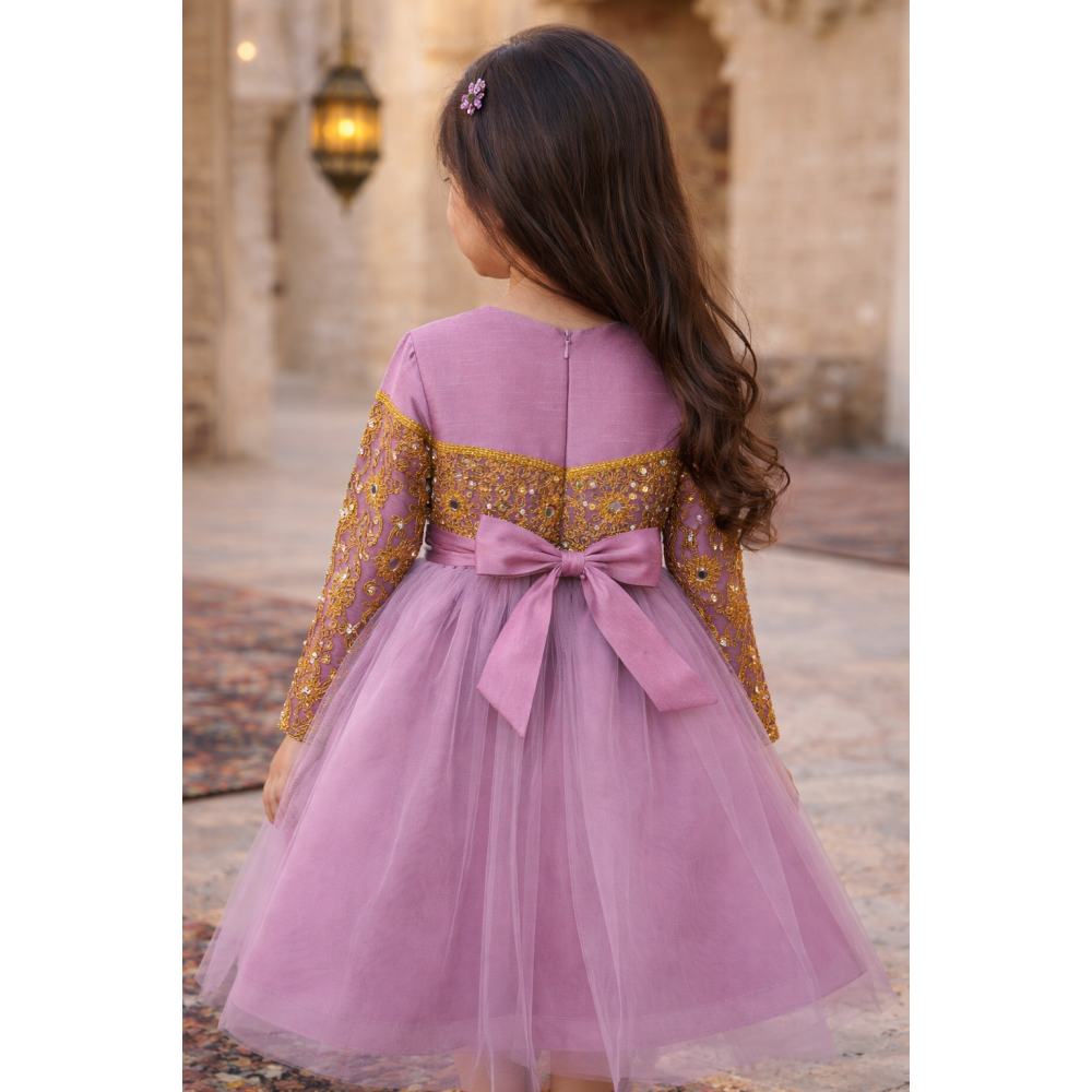فستان شعبي بنفسجي بتطريزات ذهبية وتول  240628