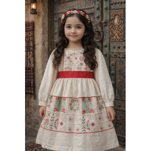 فستان شعبي بيج بتطريزات ذهبية وزهرية  240638