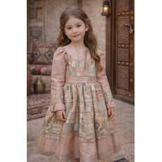 فستان شعبي وردي من طبقتين بتطريزات ذهبية 240618