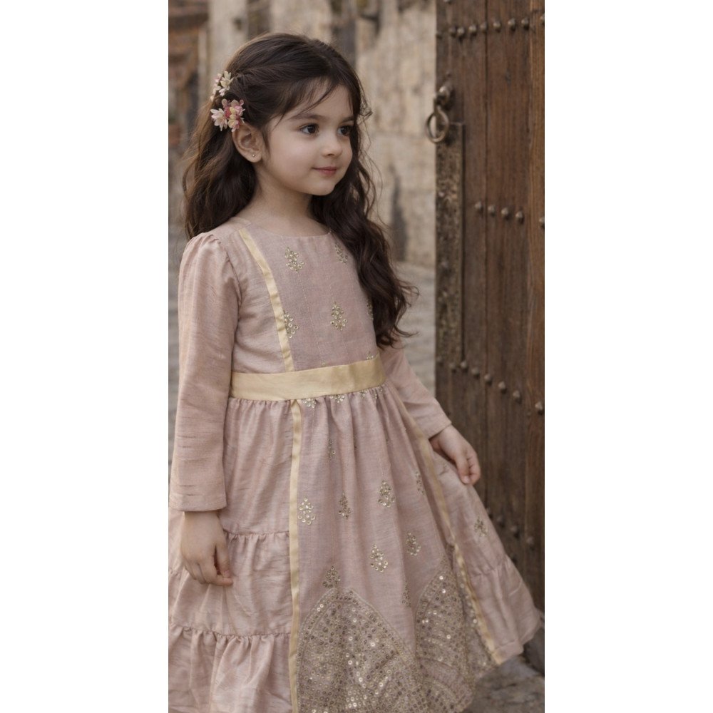 فستان شعبي وردي طبقات بتطريزات ذهبية  240636