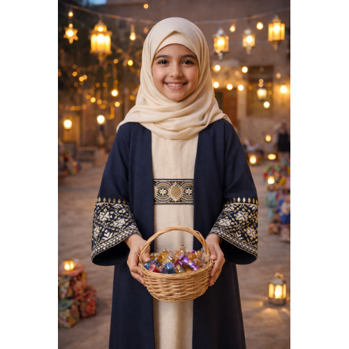 فستان سكري مع عباءة كحلي مطرزة للبنات المحجبات 240633