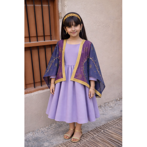 فستان بناتي بنفسجي مع شال اكمام مطرّز وتفاصيل ذهبية 240471