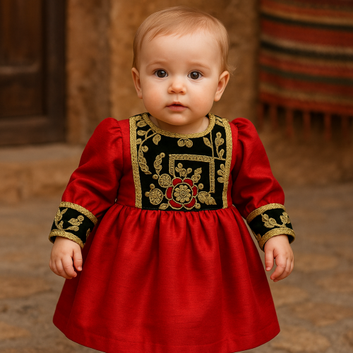 فستان شعبي أحمر مع مخمل أخضر ملكي  240614