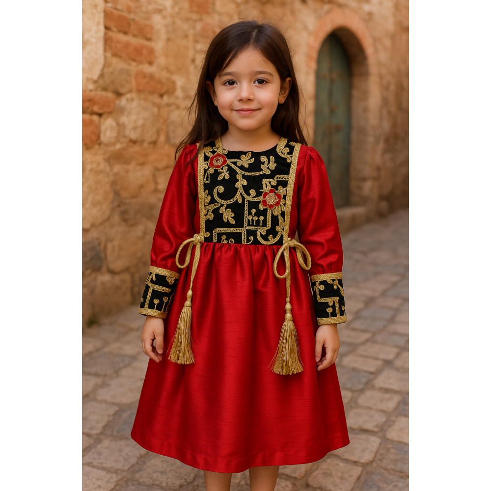 فستان شعبي أحمر مع مخمل أخضر ملكي 240613