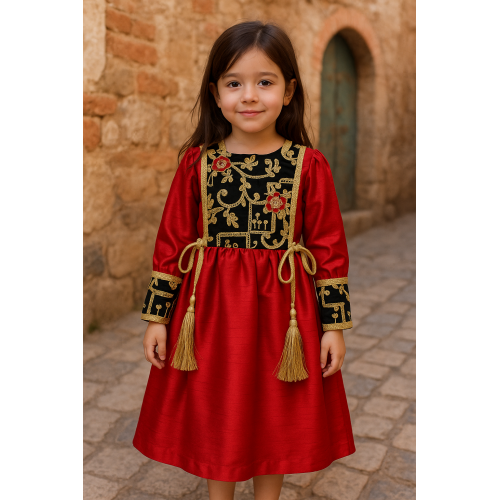 فستان شعبي أحمر مع مخمل أخضر ملكي 240613