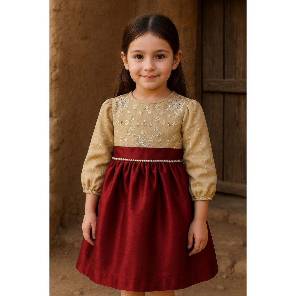 فستان شعبي لنن بيج مطرز مع تنورة برغندي 240619