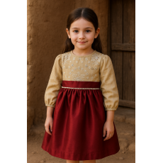 فستان شعبي لنن بيج مطرز مع تنورة برغندي 240619