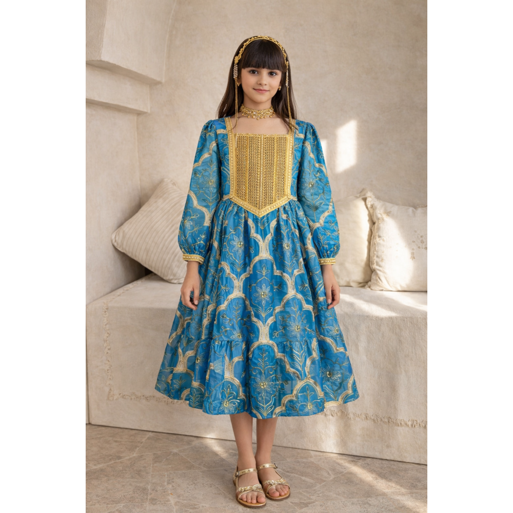 فستان اورجنزا مميز مطرز بنقوش وزخارف - درجات الأخضر التيفاني -   240474
