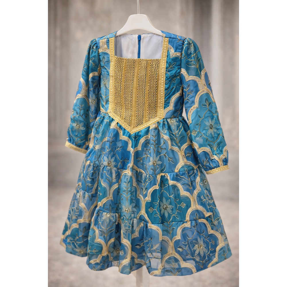 فستان اورجنزا مميز مطرز بنقوش وزخارف - درجات الأخضر التيفاني -   240474