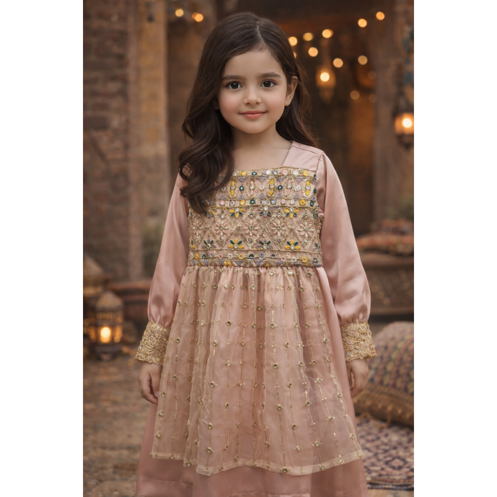فستان شعبي بلون وردي ناعم مطرز 240622