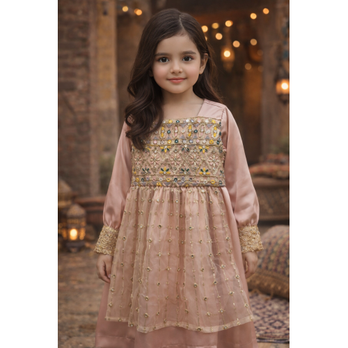 فستان شعبي بلون وردي ناعم مطرز 240622