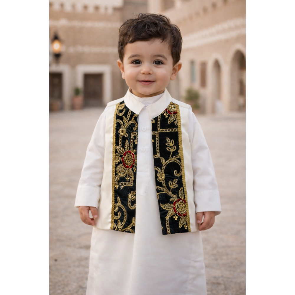 صديري شعبي للأولاد الصغار  سكري مع مخمل أخضر ملكي 240615