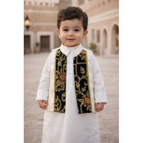 صديري شعبي للأولاد الصغار  سكري مع مخمل أخضر ملكي 240615