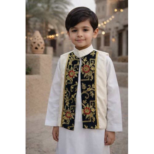 صديري شعبي للأولاد  سكري مع مخمل أخضر ملكي 240616