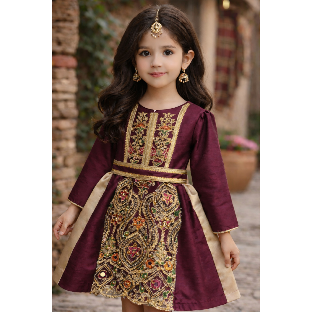 فستان شعبي عنابي مطرز 240629