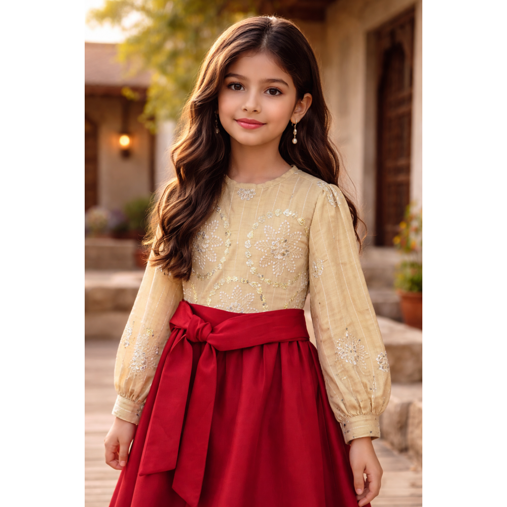 جلابية شعبية لنن بيج مطرز مع تنورة باللون الخمري وحزام 240620