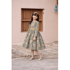 فستان قطني مورد ومطرز مع الترتر لون أخضر  مع شيلة 470479