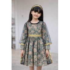 فستان قطني مورد ومطرز مع الترتر لون أخضر  مع شيلة 470479