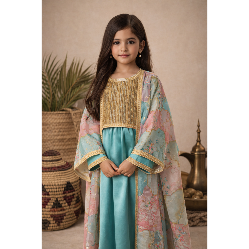 فستان تركواز من قطعتين مطرز بنقوش وزخارف - درجات التركواز والوردي -   240487