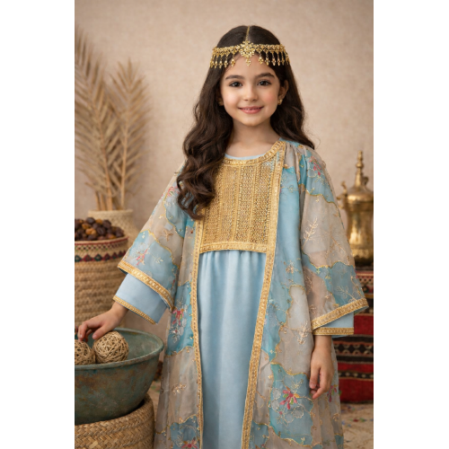 فستان سماوي من قطعتين مطرز بنقوش وزخارف - درجات الازرق-   240488
