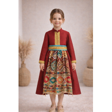 فستان شعبي خمري مطرز مع حزام 240483