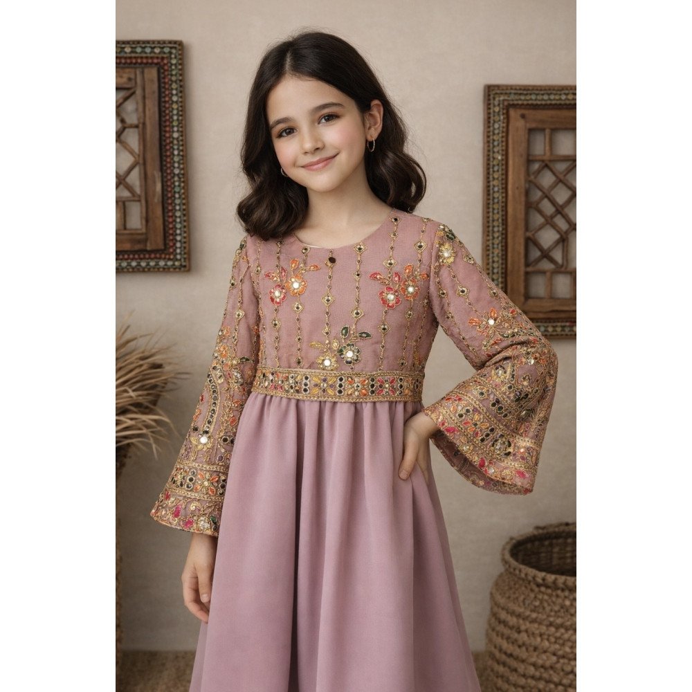  فستان بناتي مطرّز فاخر – لون موف ترابي- للسن المحير 240477