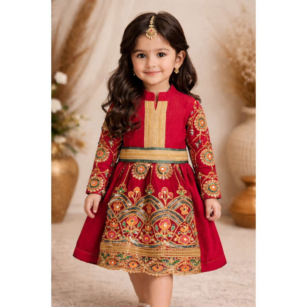 فستان شعبي أحمر مطرز مع حزام 240646