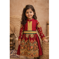 فستان شعبي أحمر مطرز مع حزام 240646