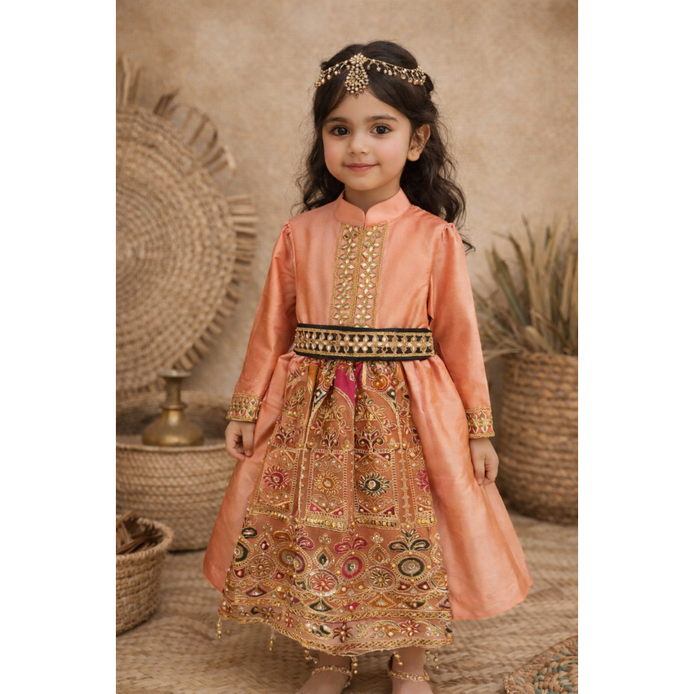 فستان شعبي خوخي مع حزام 240645