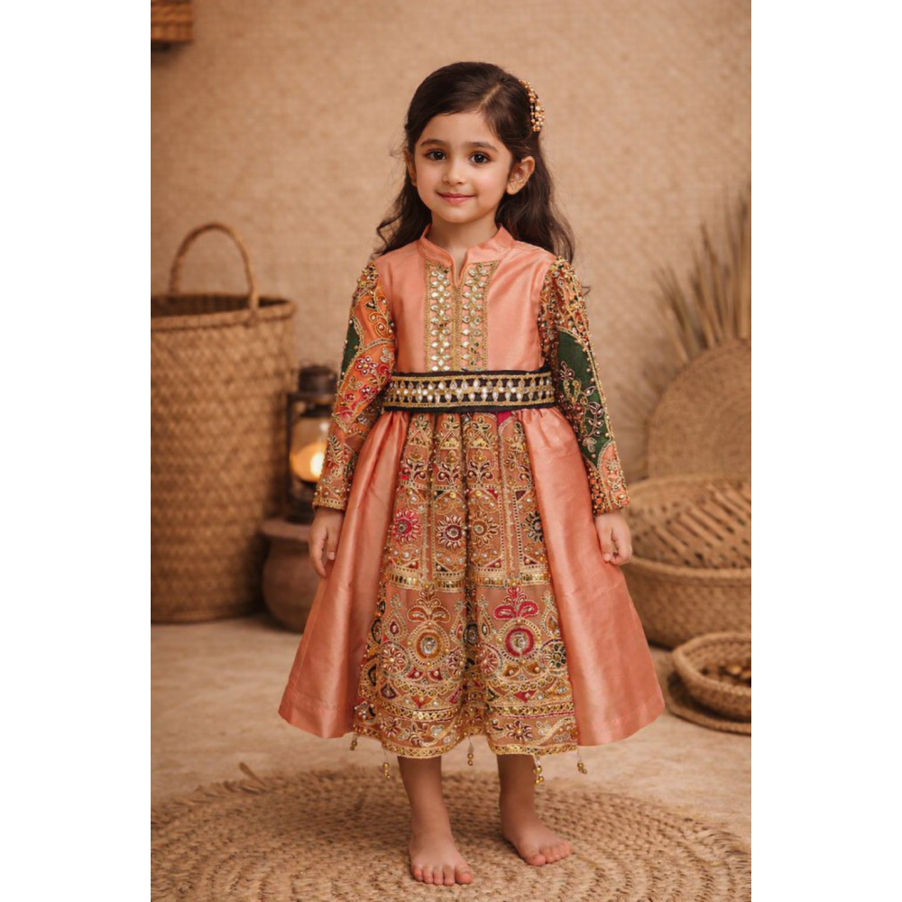 فستان شعبي خوخي مع حزام 240644