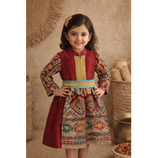 فستان شعبي خمري مطرز مع حزام 240482