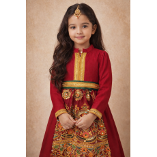 فستان شعبي أحمر مطرز مع حزام 240647