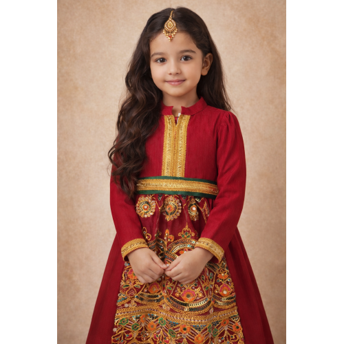 فستان شعبي أحمر مطرز مع حزام 240647