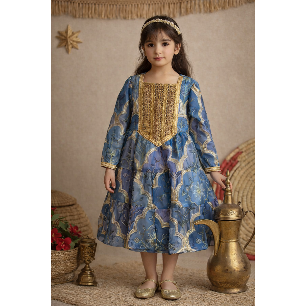 فستان اورجنزا مميز مطرز بنقوش وزخارف - درجات الأزرق -   240476