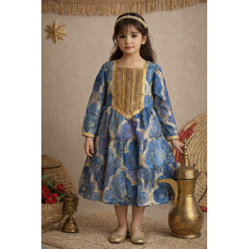 فستان اورجنزا مميز مطرز بنقوش وزخارف - درجات الأزرق -   240476