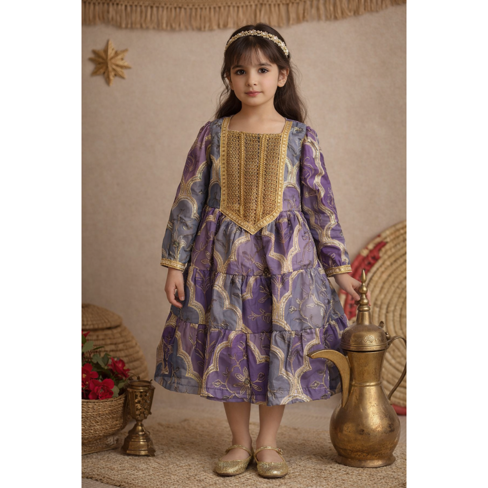 فستان اورجنزا مميز مطرز بنقوش وزخارف - درجات البنفسجي ورمادي-   240475