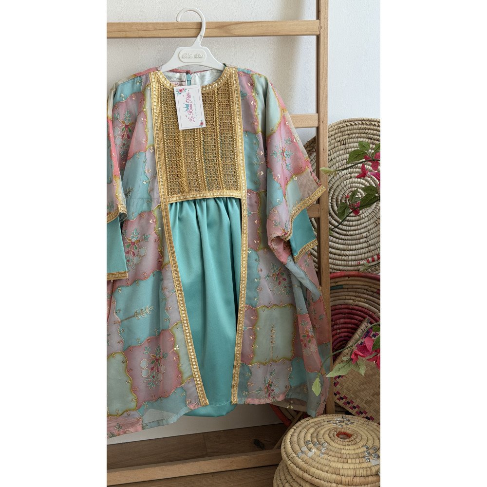 فستان تركواز من قطعتين مطرز بنقوش وزخارف - درجات التركواز والوردي -   240487