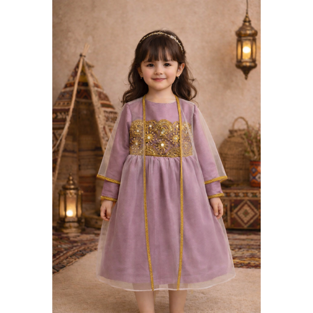 فستان شعبي بنفسجي بتطريزات ذهبية مع شيلة تول  240641