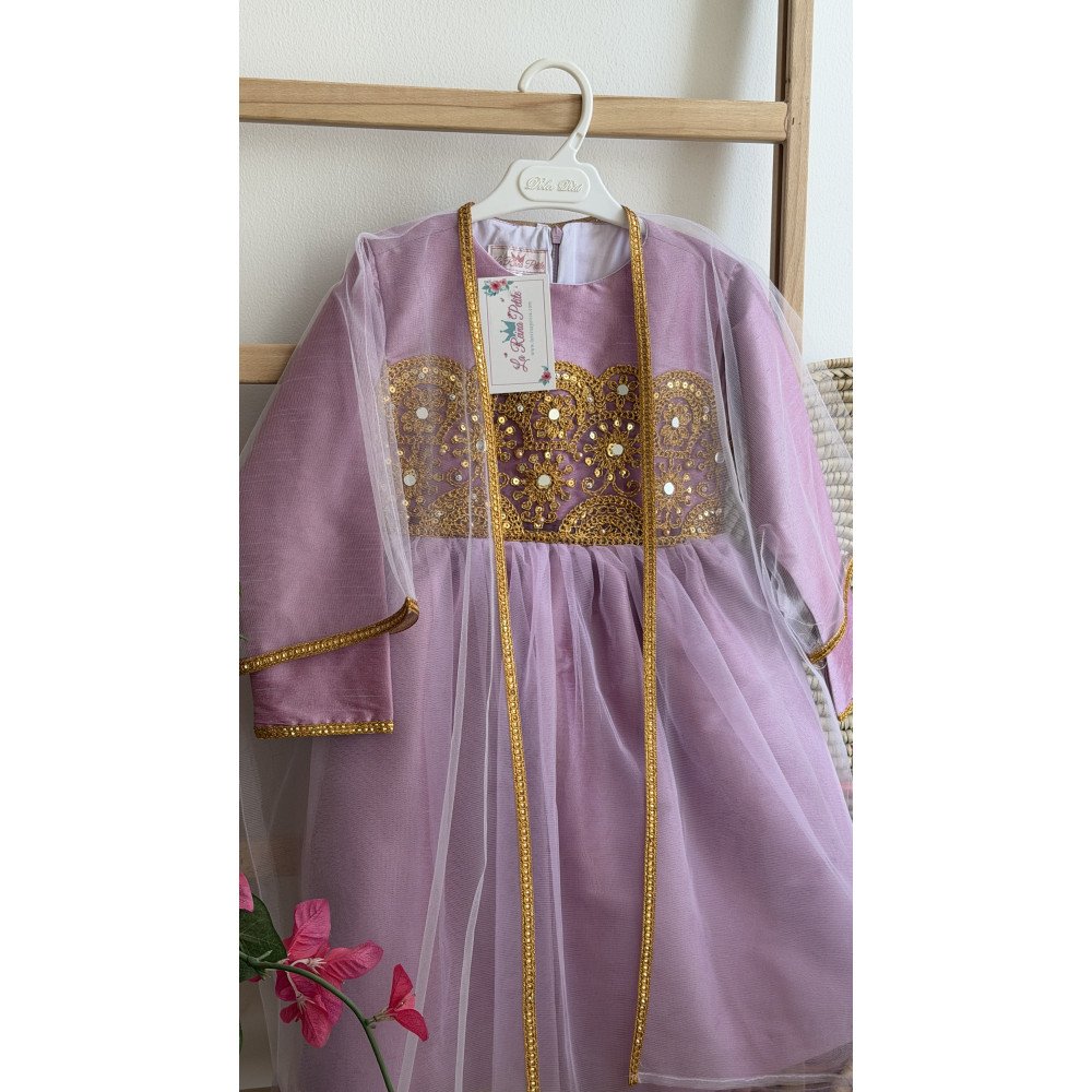 فستان شعبي بنفسجي بتطريزات ذهبية مع شيلة تول  240641