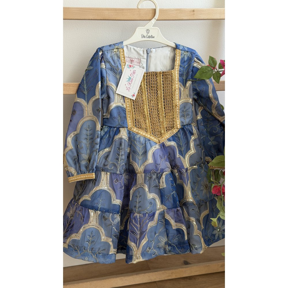 فستان اورجنزا مميز مطرز بنقوش وزخارف - درجات الأزرق -   240476