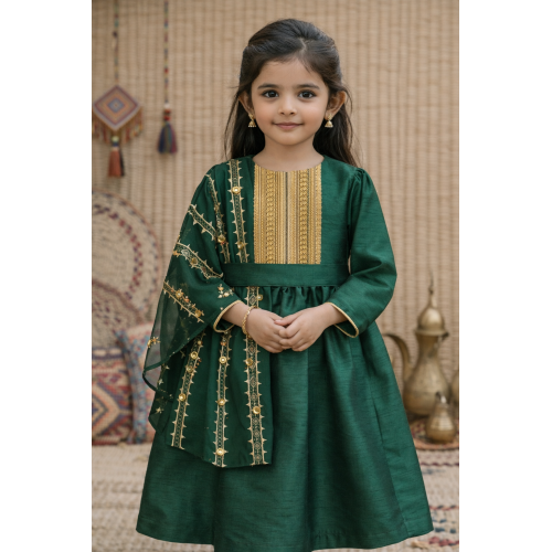 فستان شعبي أخضر مع شال مطرز 240631