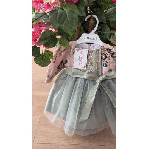 فستان شعبي لينن مطرّز بنقوش ذهبية – لون أخضر زاهي مع وردي 240461