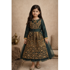 فستان شعبي أخضر مطرز مع تول 240653